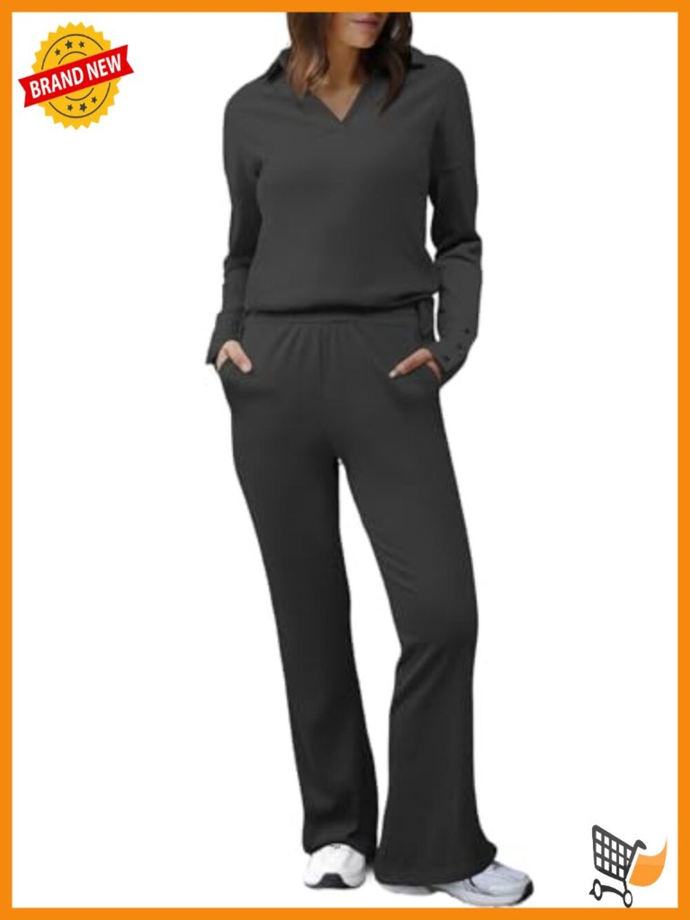 Herseas 2 Piece Sweater Set Long Sleeve V Neck Knit Top Wide Leg Pants Lounge